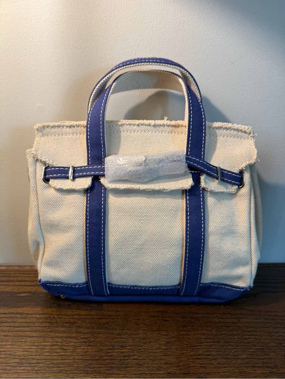 Sunwin Cream Canvas Tote with Blue Trim and Top Handles Small